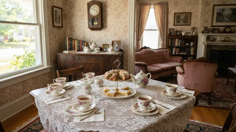 A parlor set for an afternoon tea club with six mismatched floral teacups on a lace tablecloth and a tiered plate of small cakes