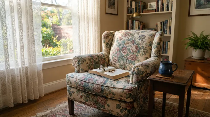 A floral armchair by a lace-curtained window with a library book lying face-down on the seat and a cup of coffee on the side table