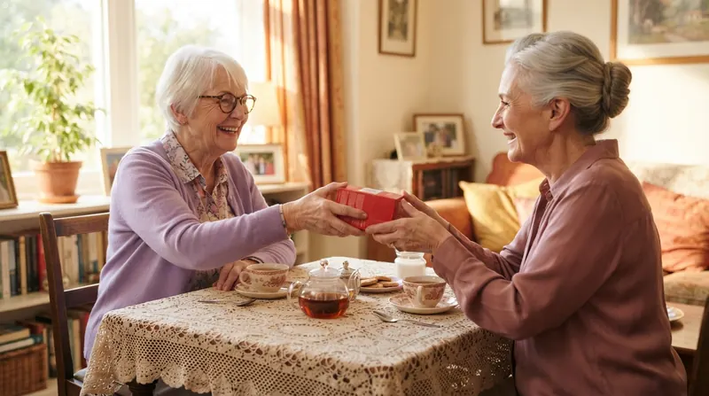 An older woman with short white hair and glasses handing a small red box of tea to a friend across a lace-covered parlor table