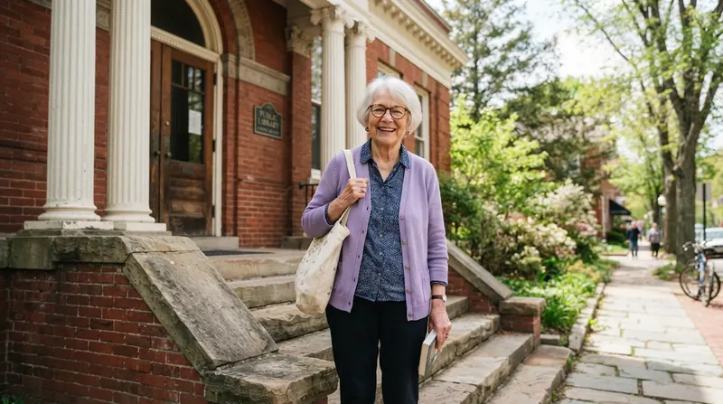 An older woman with short white hair and glasses smiling on the stone steps of a small-town public library