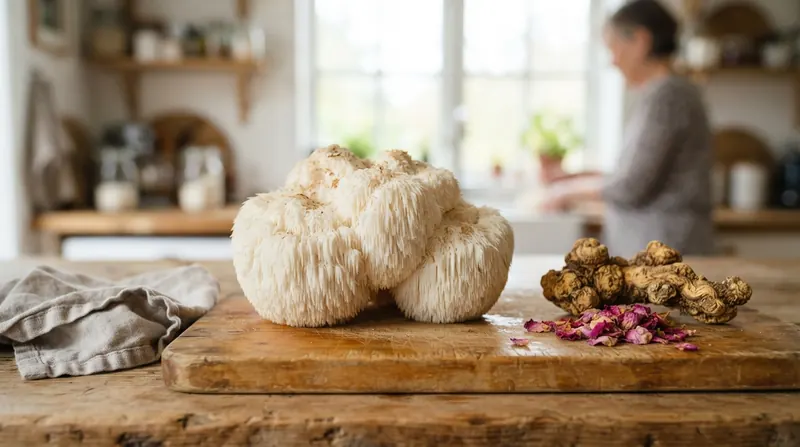 A fresh white shaggy lion's mane mushroom beside a piece of dried rhodiola root on a wooden cutting board