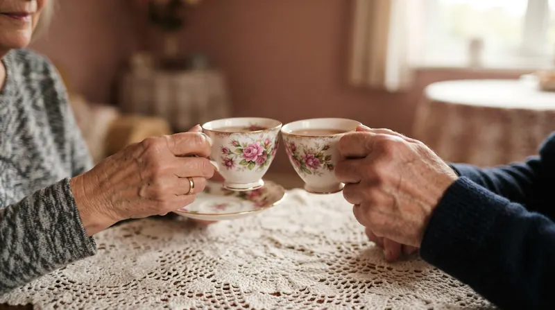 Two older hands touching bone-china teacups together over a lace tablecloth