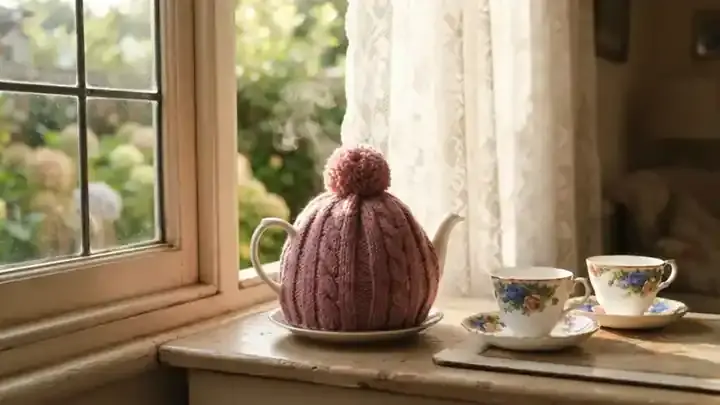 Steam rising from a white porcelain teapot in a knitted rose tea cozy by a lace-curtained window, slow zoom