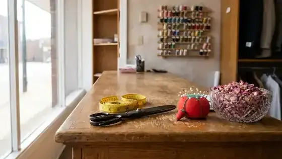 An old oak shop counter with a measuring tape, steel dressmaker shears, a tomato pincushion and a cut-glass bowl of dried rose petals