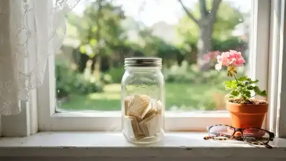 A mason jar of small folded paper slips on a sunny windowsill beside a potted pink geranium