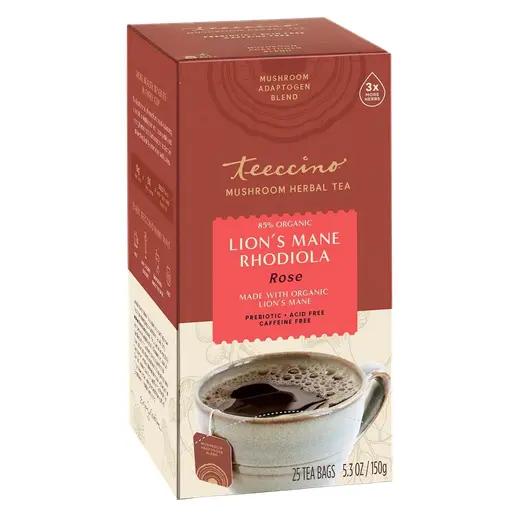 The Teeccino Lion's Mane Rhodiola Rose herbal tea box of 25 tea bags